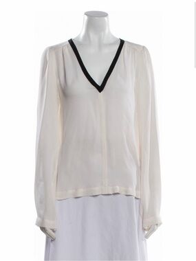 A.L.C. Cream V-Neck Long-Sleeve Silk Blouse with Black Trim